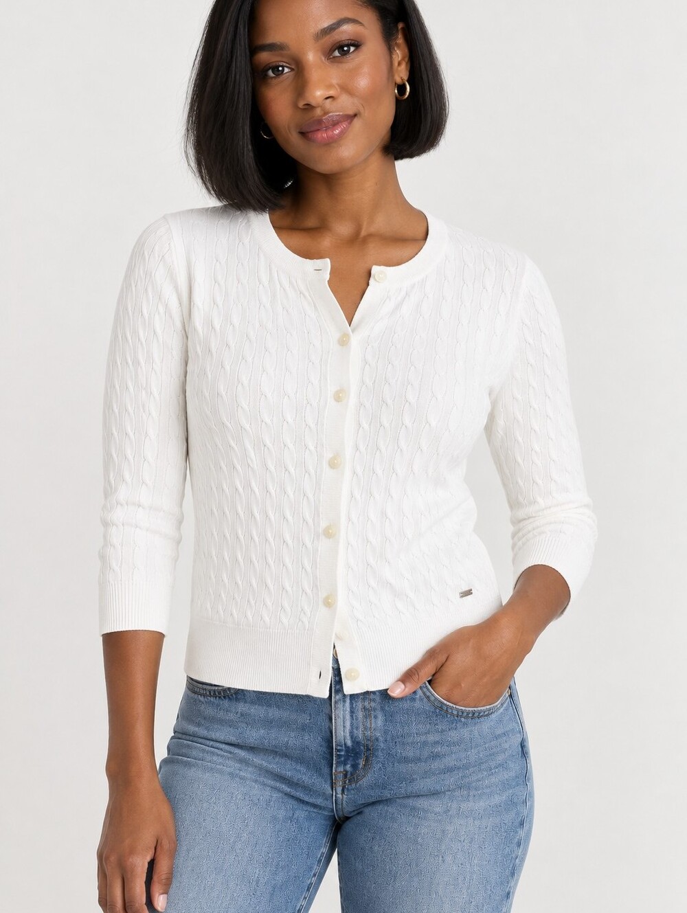 Tommy Hilfiger Women’s L White Pima Cotton Cable Knit Cardigan 3/4 Sleeve